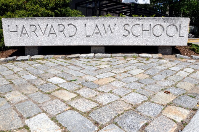 The entrance to Harvard Law School campus is seen May 10, 2010 on the Harvard University Law School Campus in Cambridge, Massachusetts.  