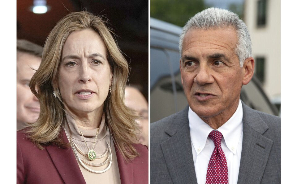 A diptych shows Mikie Sherrill, left, and  Jack Ciattarelli
