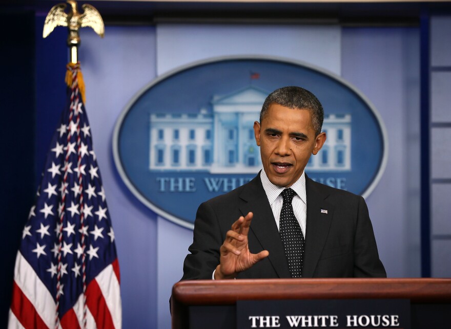 WASHINGTON, DC - AUGUST 20:  U.S. President Barack Obama speaks during the daily briefing at the James Brady Press Briefing Room of the White House August 20, 2012 in Washington, DC. Obama made a surprised visit to the briefing and answered questions from the White House press corps.  (Photo by Alex Wong/Getty Images)