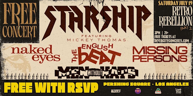Promotional poster for a free concert event featuring 'Starship featuring Mickey Thomas,' along with Naked Eyes, The English Beat, Missing Persons, and Men Without Hats.