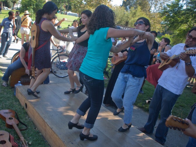 A traditional Mexican dance group performs at the Boyle Heights terminus of CicLAvia on Sunday.