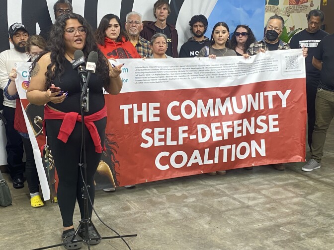 A woman stands at a microphone. Behind her is a group of people holding a banner that says Community Self Defense Coalition.