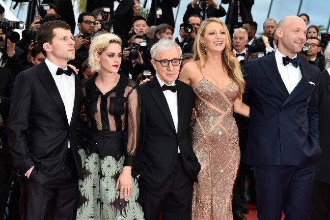  Actor Jesse Eisenberg, Kristen Stewart, Woody Allen, Blake Lively and Corey Stoll attend the "Cafe Society" premiere at the 69th annual Cannes Film Festival on May 11, 2016 in Cannes, France.