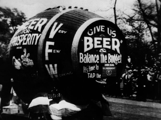 A giant barrel of beer, part of a demonstration against prohibition in America