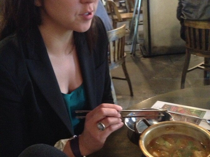 Katherine Youngmee Kim, author of "Los Angeles Koreatown" and Tess Vigeland dine at Baekjeong.