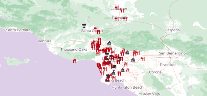 A screenshot of an online map of Los Angeles County with red fork-and-knife icons and dark coffee and pastry icons marking participating MEHKOs. They cluster in the San Fernando Valley, central Los Angeles and the South Bay, with others in Santa Clarita, Lancaster, Palmdale and the San Gabriel Valley.