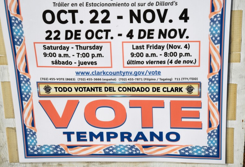 LAS VEGAS, NV - OCTOBER 26:  A sign in Spanish is posted outside an early voting site at Downtown Summerlin on October 26, 2016 in Las Vegas, Nevada. Voters in Clark County are voting early at a record pace this year ahead of the November 8 general election.  (Photo by Ethan Miller/Getty Images)