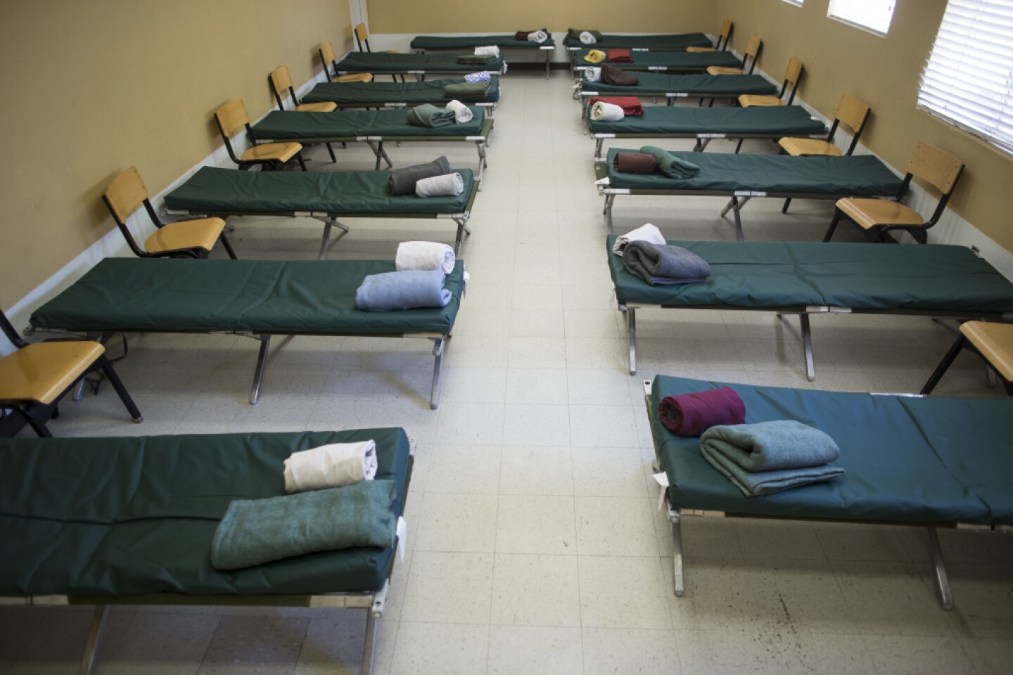Cot style beds lined up in a homeless shelter.