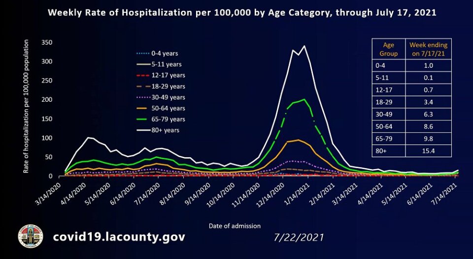 A line chart shows a peak in COVID hospitalizations between mid-November 2020 and mid-February 2021.