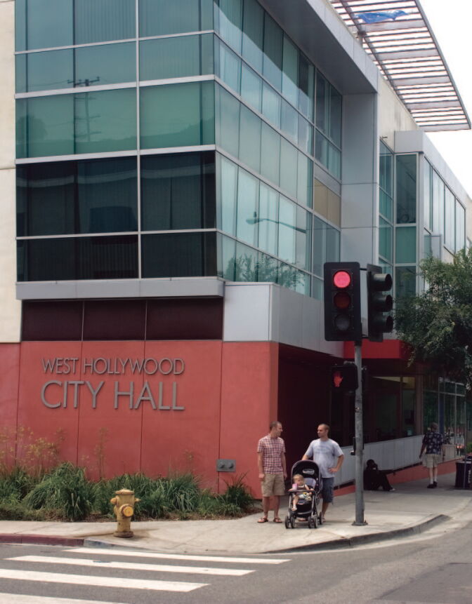 West Hollywood City Hall, 2008.  According to "A People's Guide to Los Angeles," West Hollywood is popularly known as the first "gay city" in the United States, and was incorporated in November, 1984. The first couple to be married at West Hollywood City Hall was actor George Takei (aka Mr. Sulu) and his partner, Brad Altman.