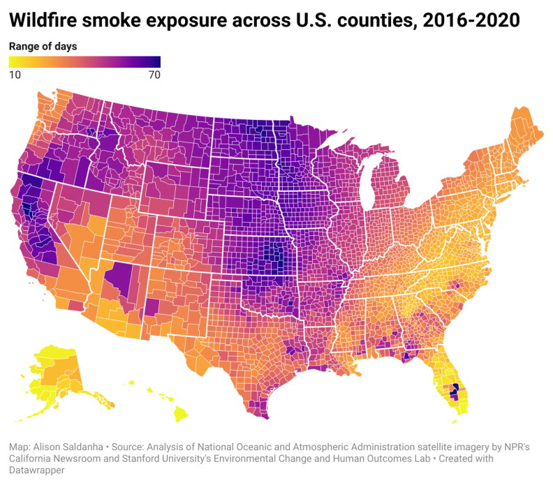 An image of a map that with purple and yellow coloring that shows wildfire smoke exposure across the United States. There is purple, most dire marking, in most of the country.