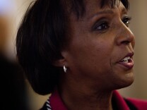 Los Angeles County District Attorney Jackie Lacey attended the unveiling ceremony of the renovated Hall of Justice building in downtown.