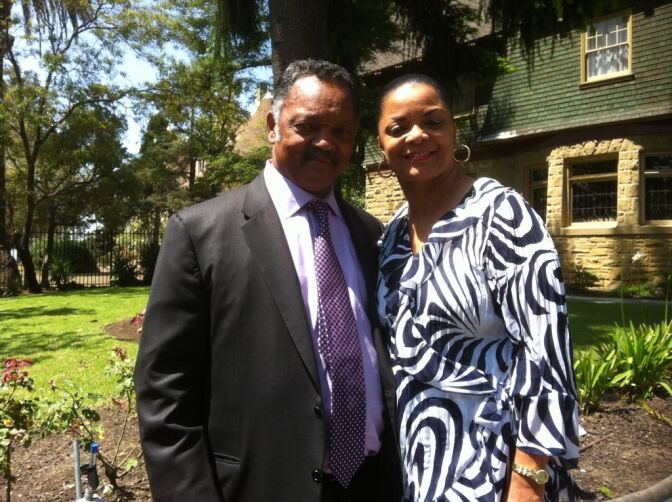 Rev. Jesse Jackson joins Rev. Rosalynn Kyle Brookins at a public viewing at Allen House Chapel in Los Angeles of her late husband, Bishop H.H. Brookins.