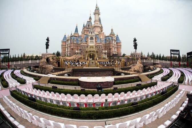 Seats are set up for the opening ceremony in front of the Enchanted Storybook Castle at Shanghai Disney Resort in Shanghai on June 15, 2016.