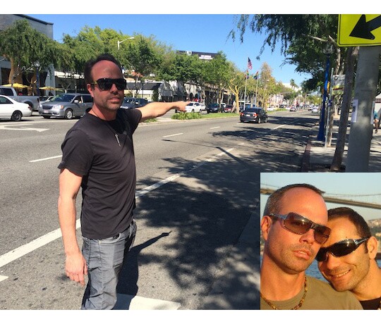 David Etter at the crosswalk in West Hollywood where his partner Mehmet Tasci was killed in May 2013. He points to where Tasci's body was thrown 100 feet from the crosswalk. (inset) David Etter and Mehmet Tasci in Istanbul.