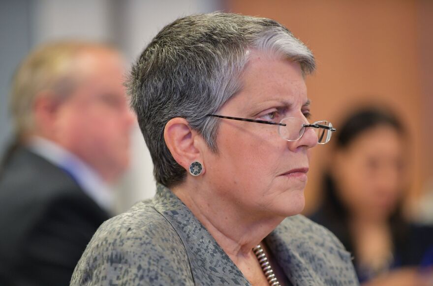 Former homeland security secretary Janet Napolitano, president of the University of California, listens to a speaker during a discussion organized by The Progressive Policy Institute (PPI)  on the future of NAFTA and US-Mexico relations at The University of California Washington Center on September 21, 2017 in Washington, DC. / AFP PHOTO / MANDEL NGAN        (Photo credit should read MANDEL NGAN/AFP/Getty Images)
