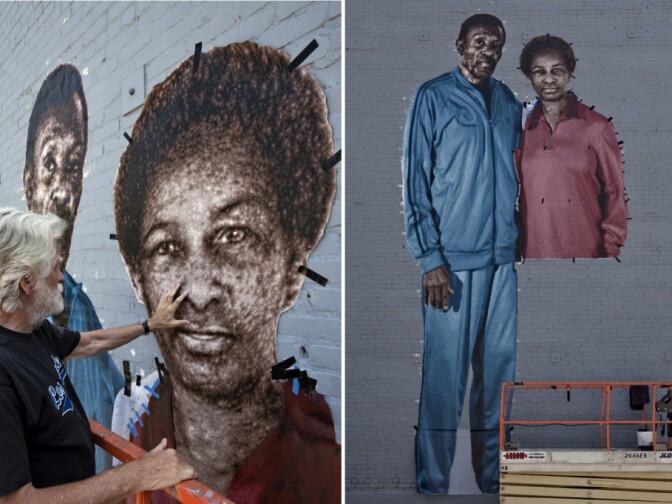 Kent Twitchell installs a mural of Special Olympics icons Rafer Johnson and Loretta Claiborne in Downtown Los Angeles. 