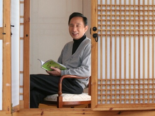  Lee (photographed here in a traditional Korean house, or <em>hanok</em>) says he has donated most of his money to a charitable foundation he founded; Lee may follow up his presidency with a career in philanthropy.