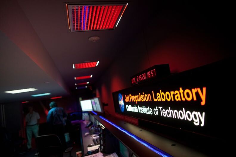 A sign inside the Jet Propulsion Laboratory's Space Flight Operations Facility in Pasadena.