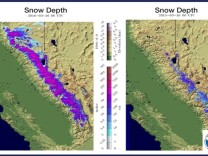 California snow depth on March 16, 2016 (left) and March 16, 2015 (right). 