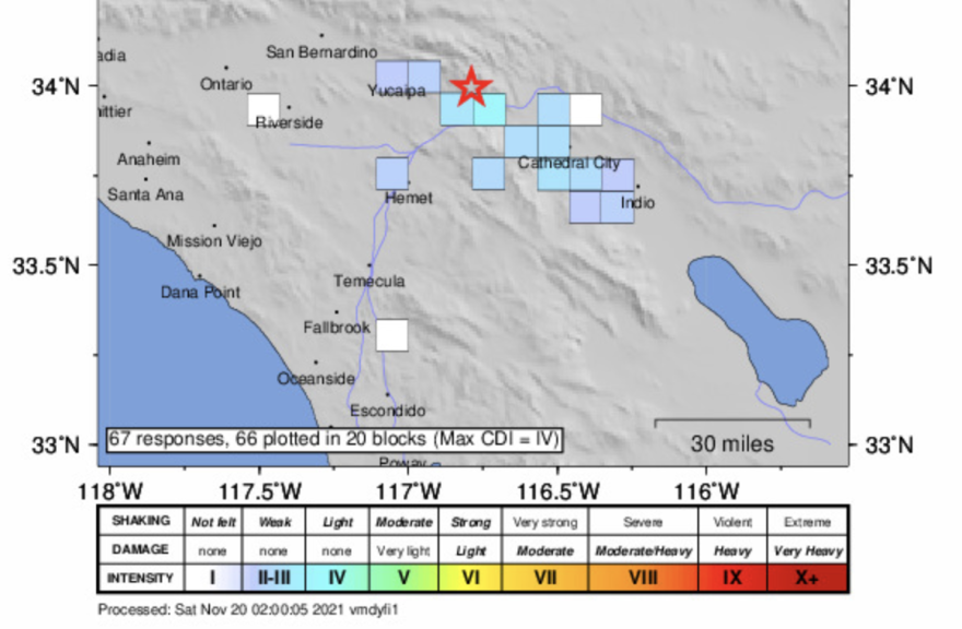 A map of Southern California shows location of earthquake with a red star and boxes in light blue and purple indicating where people reported feeling the shaking.