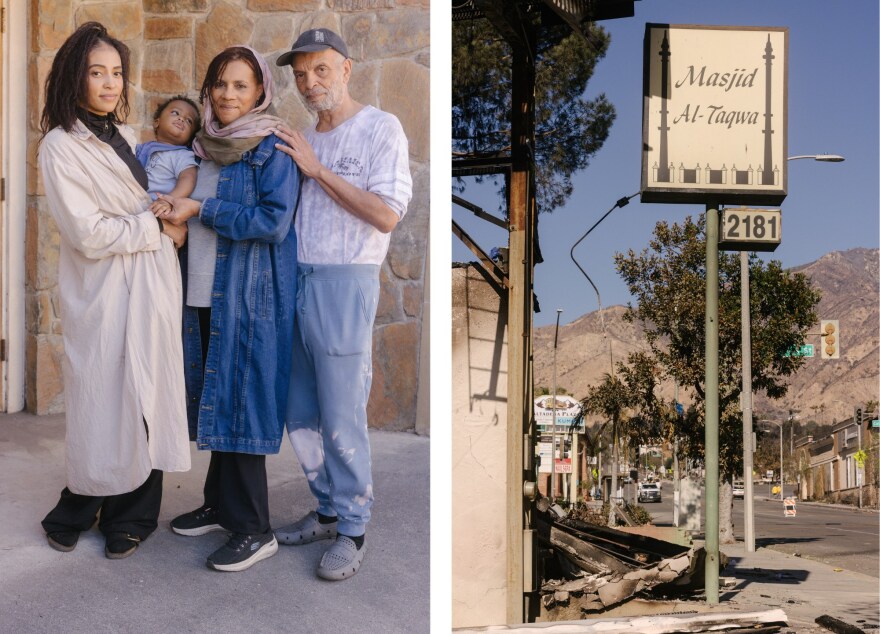 Left: a portrait of a woman with medium skin tone wearing a beige coat holding a baby with dark skin tone, next to them is an older woman with medium skin tone wearing a scarf around her head and long denim jacket, next to her is an older man with medium-light skin tone wearing a lavender long sleeve shirt and blue sweats. Right: A tall post with a square sign that reads "Masjid Al Taqwa."