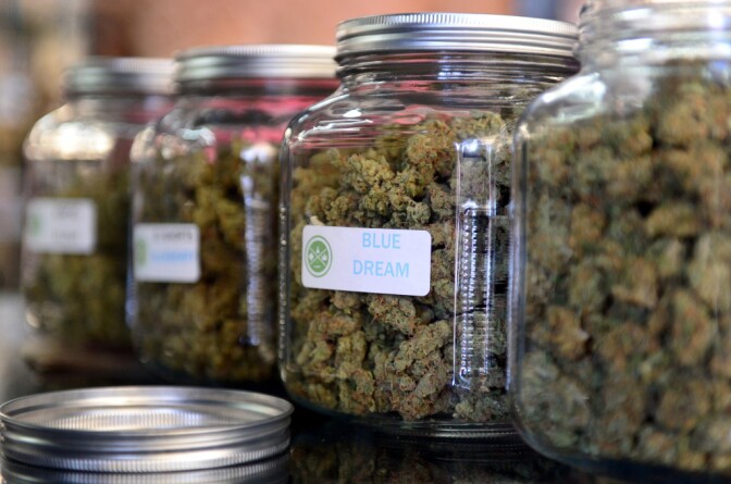 The highly rated variety of medical marijuana known as  "Blue Dream" was displayed among other strains at a cannabis farmers market in Los Angeles in 2014.
