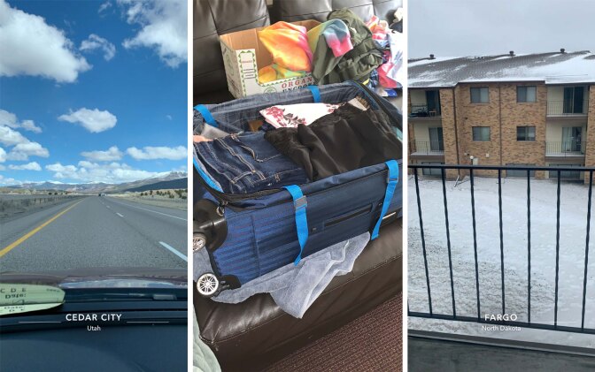 From left: An picture of a road in Utah, an image of a suitcase packed with clothes on a couch, and an image of a snowy brown building behind a fence.