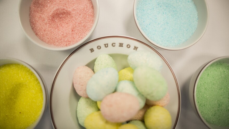 Marshmallow eggs made with homemade flavored sugar are a colorful treat at Thomas Keller's Bouchon Bakery in Beverly Hills, Calif. To make them, pipe homemade marshmallow into hollow plastic eggs (see <a href="#eggs">recipe</a>, below).