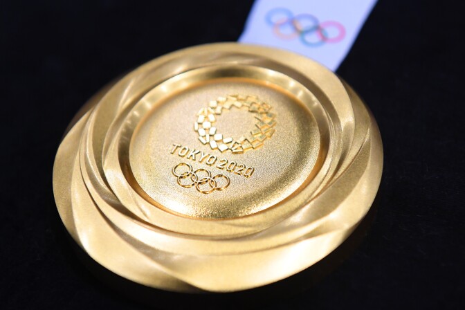 TOKYO, JAPAN - JULY 24: The gold medal is displayed after the Tokyo 2020 medal design unveiling ceremony during Tokyo 2020 Olympic Games "One Year To Go" ceremony at Tokyo International Forum on July 24, 2019 in Tokyo, Japan. (Photo by Atsushi Tomura/Getty Images)