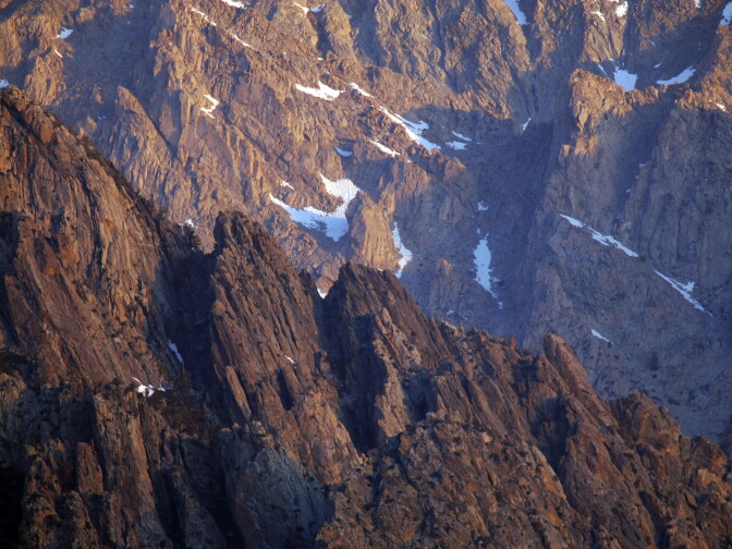 Alpine crags rise north of Mount Whitney, the tallest peak in the continental US at 14,494 feet, in the Sierra Nevada Mountains, which carry less snow than normal, on May 9, 2008 near Lone Pine, California.