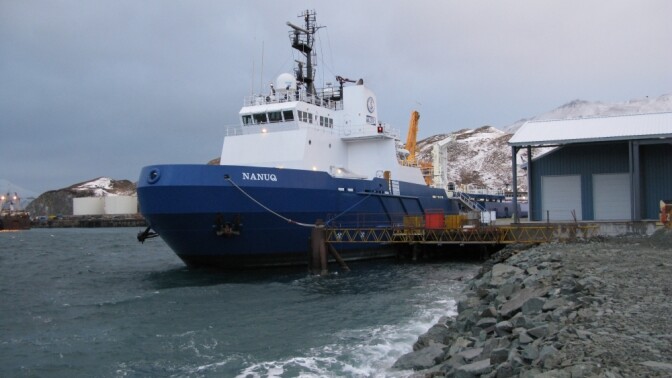 Shell's Nanuq was built especially for oil spill response  cleanup in the Arctic Ocean. It can store 12,000 barrels of recovered oil. The 300-foot vessel is docked at Dutch Harbor, Alaska, for the  winter.