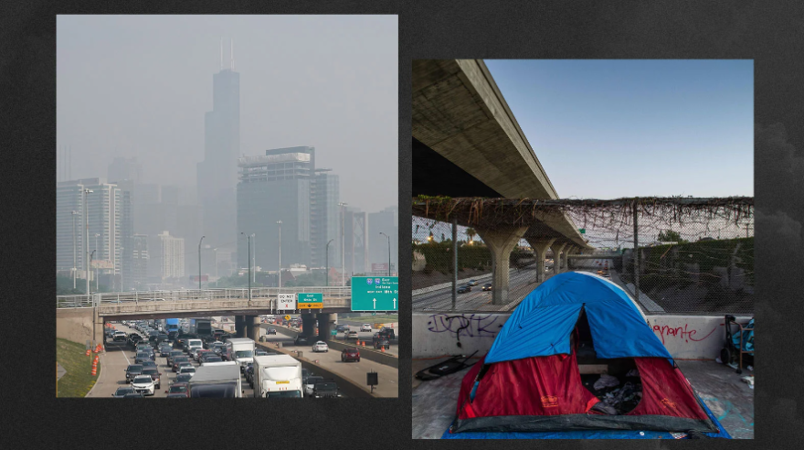 A photo collage shows a hazy smoggy L.A. cityscape on the left and a tent under a freeway pass on the right.