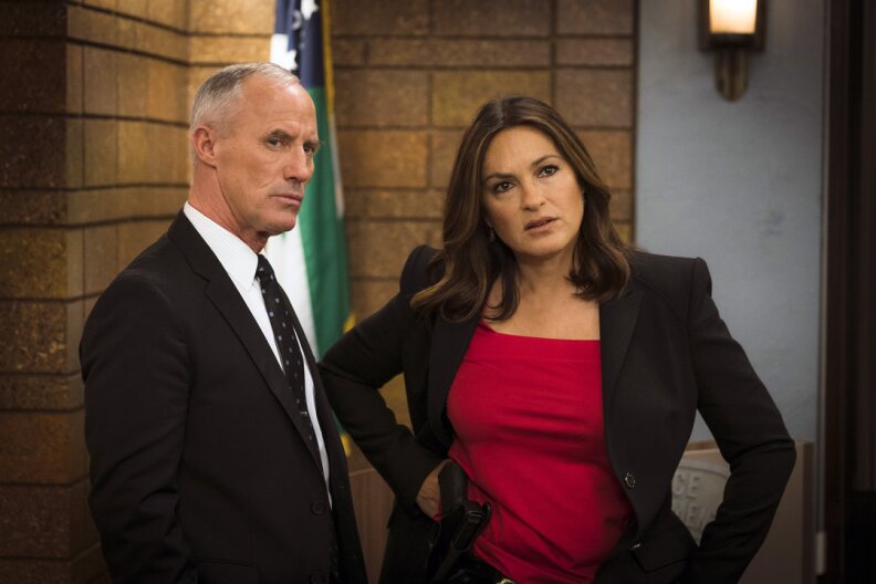 LAW & ORDER: SPECIAL VICTIMS UNIT -- "Assaulting Reality" Episode 1721 -- Pictured: (l-r) Robert John Burke as Capt. Ed Tucker, Mariska Hargitay as Lieutenant Olivia Benson -- (Photo by: Michael Parmelee/NBC)
