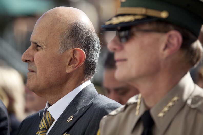 Former Los Angeles County Sheriff Lee Baca attends the ceremony for the newly renovated Hall of Justice building in downtown.