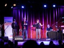 Ophira Eisenberg and the rest of the cast of Ask Me Another at the premiere at the Bell House, Brooklyn, NY.