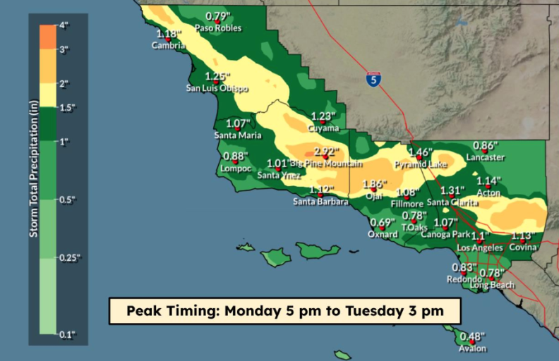 Map shows intense rainfall forecasted for much of Southern California.
