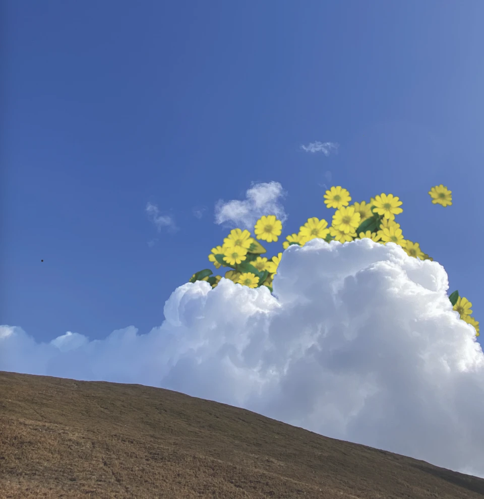 A bare hillside with a big cloud and blue sky over it. Yellow daisies appear to be coming out of the cloud. 