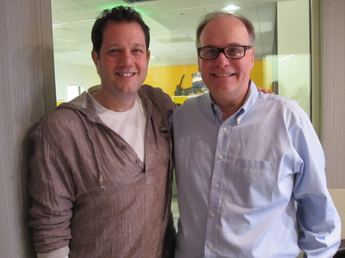 Michael Giacchino (L) with Larry Mantle in the AirTalk studio.