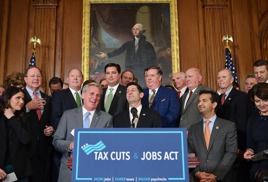 House Majority Leader Kevin, R-CA, laughs with House Speaker Paul Ryan, R-WI, during a press conference after the House passed its version of the Republican tax overhaul in the Rayburn Room of the US Capitol on November 16, 2017 in Washington, DC. / AFP PHOTO / MANDEL NGAN        (Photo credit should read MANDEL NGAN/AFP/Getty Images)