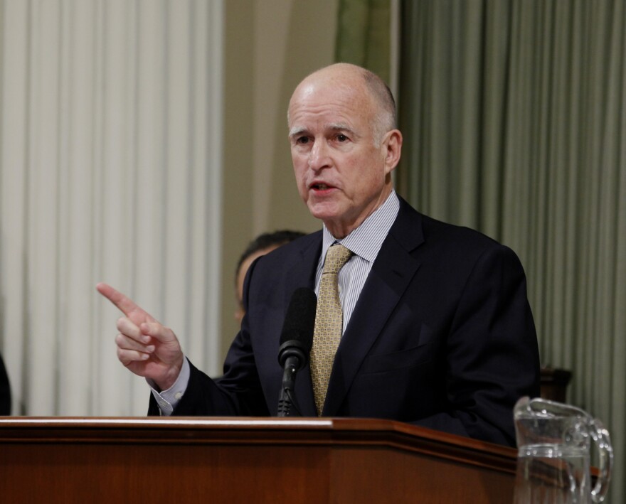Gov. Jerry Brown deliver his State of the State address before a joint session of the Legislature at the Capitol in Sacramento, Calif., Wednesday, Jan. 18, 2012.   Brown urged lawmakers to help make California great again by taking on major initiatives and funding schools.