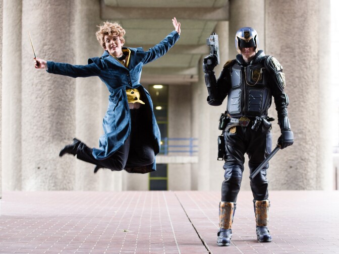 Chloe Stockwell (dressed as Newt Scamander) and William Conley (dressed as Judge Enza) visit "Into The Unknown: A Journey Through Science Fiction," an exhibition at Barbican Centre in London, England, on August 2, 2017.