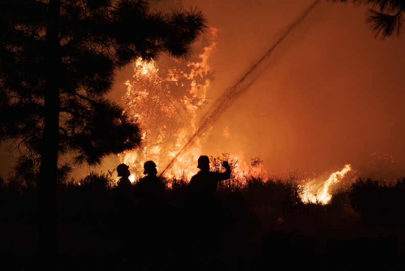 Firefighters battle a fire in the brush.