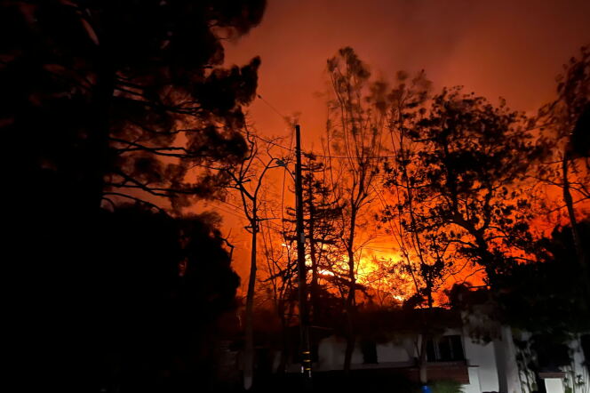 The yellow, orange, and red glow from a fire behind a home and trees at night 