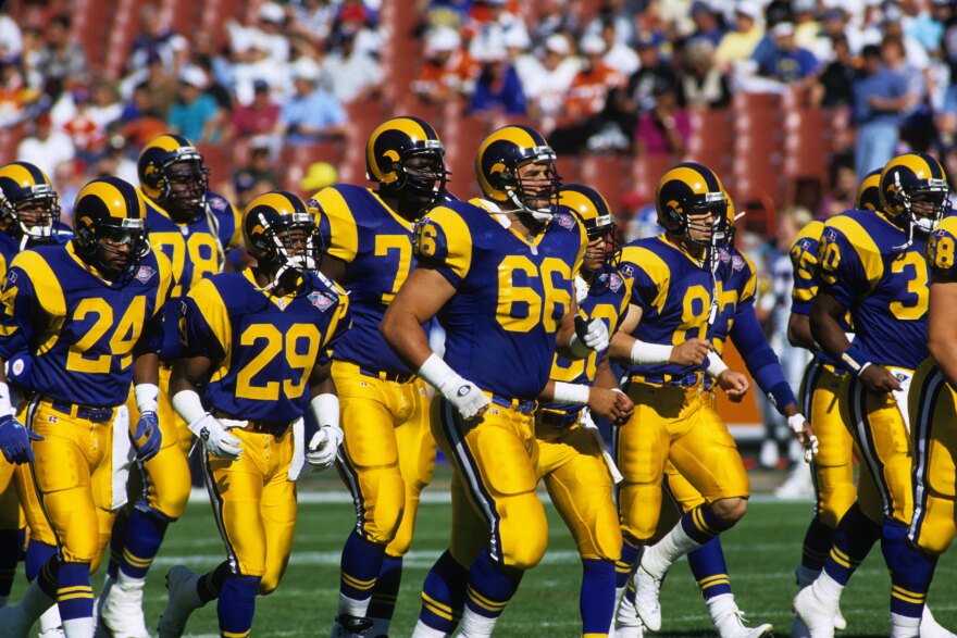 ANAHEIM, CA - NOVEMBER 6:  The Los Angeles Rams take the field for their game against the Denver Broncos at Anaheim Stadium on November 6, 1994 in Anaheim, California.  The Rams won 27-21.  (Photo by George Rose/Getty Images)