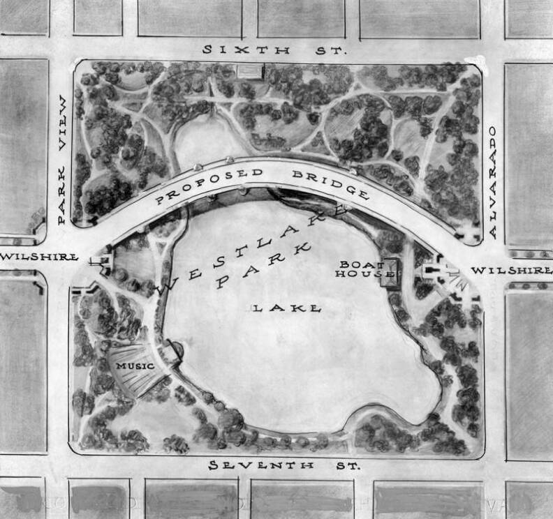 A black and white archival drawing of the proposed bridge to carry Wilshire Boulevard across Westlake Park. It looks like a map of the park with the main streets around it. Over the breadth of the park is an elevated bridge extending over it.