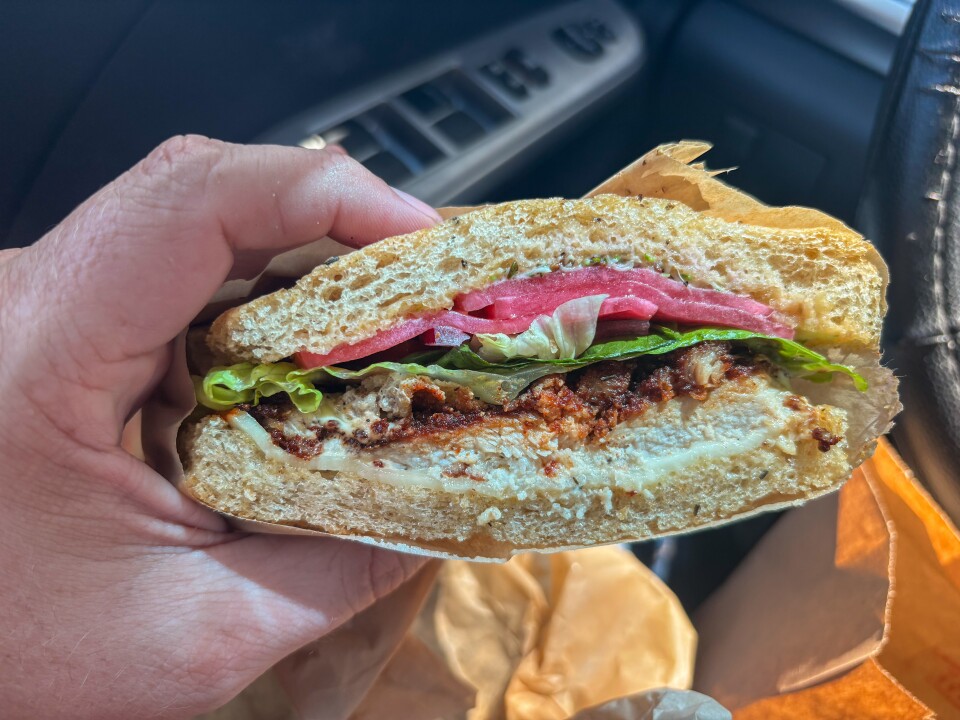 A light skinned hand holds a sandwich filled with a thick, crispy chicken cutlet, shredded lettuce, pickled red onions, and a creamy sauce, all nestled inside a toasted roll. Sunlight pours in through a car window, illuminating the juicy layers.