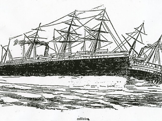Newspaper illustration of the collision between RMS Oceanic and SS City of Chester.
 