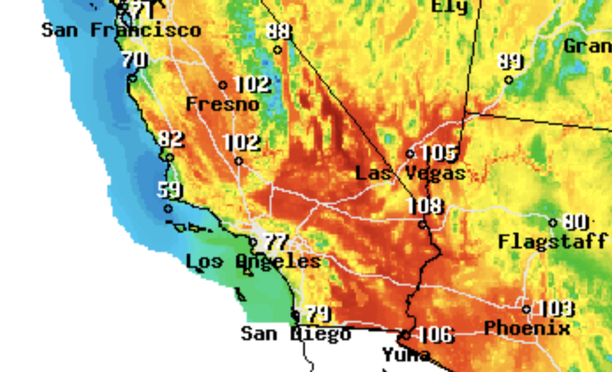 Map of Southern California and parts of Arizona and Nevada shows deep red in the inland areas indication triple digit heat.