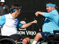 Tennis players David Wagner and Nick Taylor compete in the 2015 UNIQLO Wheelchair Doubles Masters, held in Mission Viejo, California.